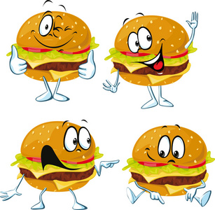 汉堡包卡通脸和手势矢量插图