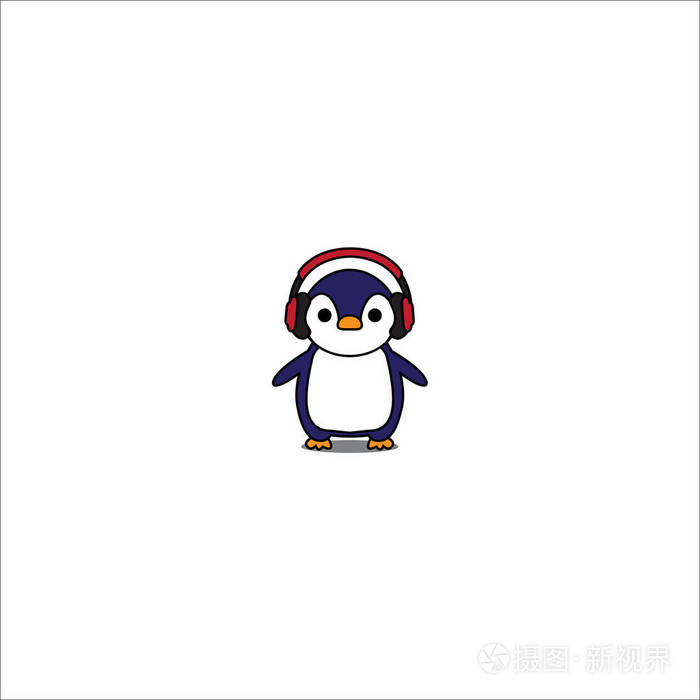 可爱的企鹅卡通与红色耳机图标, 矢量插图