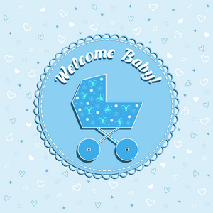 男孩婴儿车在蓝色背景与心与新生儿生日的搞笑矢量卡
