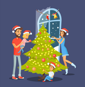 家庭和圣诞树向量插图