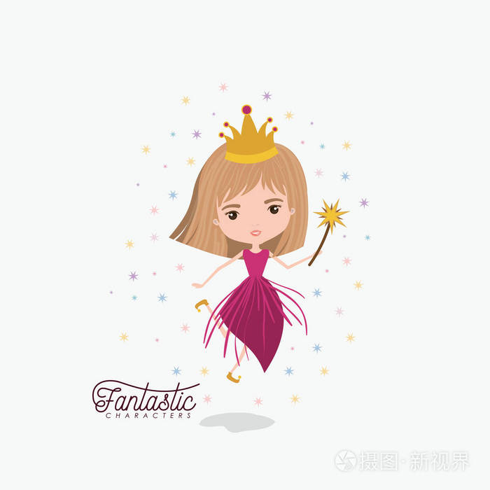 公主仙女梦幻般的性格与皇冠和魔术棒彩色火花和明星在白色背景