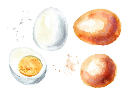 煮鸡蛋.水彩手绘插图, 在白色背景下隔离照片