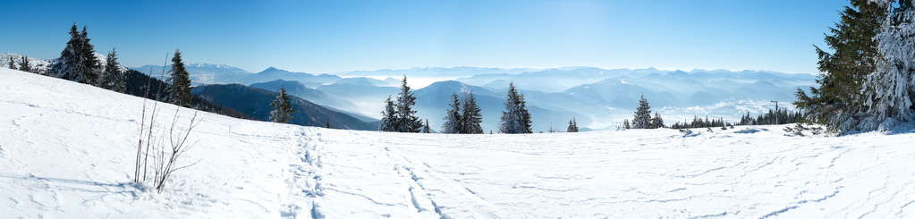 白雪皑皑的山顶的全景视图