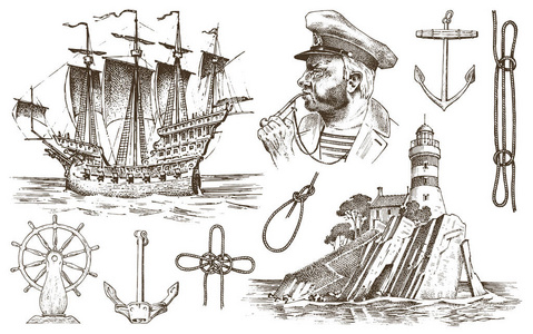 船长带烟斗。灯塔和海上尉, 航海水手, 航海旅行由船。雕刻的手工画复古风格。夏季探险。航海船和绳索结。船轮和锚