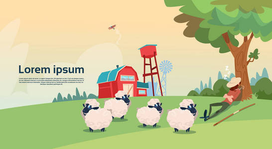 农夫牧羊人羊羊毛养殖场卡通场面与愉快的人工作在农场-例证为孩子两