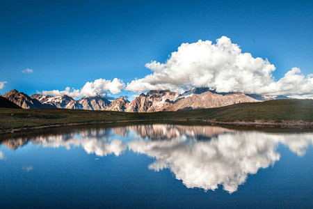 高山湖泊的美丽风景背景上图片