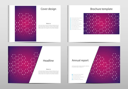 矩形的小册子模板布局，封面，杂志在 A4 大小与 dna 分子结构的年度报告。几何抽象背景。矢量图