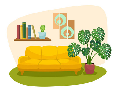 客厅室内设计与沙发书架和热带植物。矢量插图