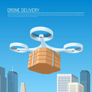 无人驾驶飞机交付概念矢量图。Quadcopter 携带包与比萨饼