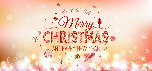 圣诞节和新年排印上橙色圣诞背景与雪花，光，星星。矢量图。圣诞卡片