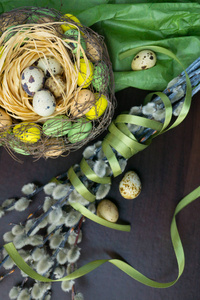 复活节篮, 节日装饰, 鲜花, 小猫柳和 Eas