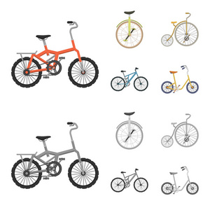 复古, 独轮车和其他种类。不同的自行车集合图标在卡通, 单色风格矢量符号股票插画网站