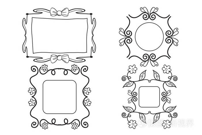 一套黑白少女相框与丝带和花朵插画-正版商用图片0givge-摄图新视界