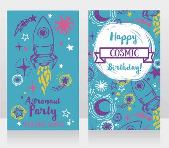 可爱的手绘制的星星上的火箭背景, 邀请卡为男孩的生日聚会, 素描风格矢量插图