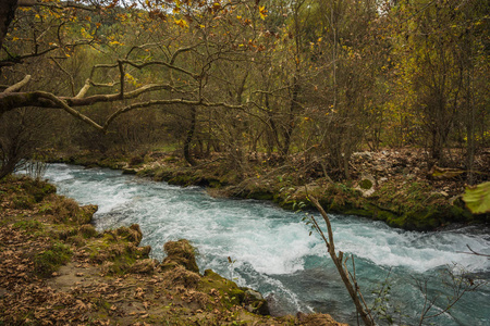 风景秀丽的山秋季景观河与 watergfalls，P