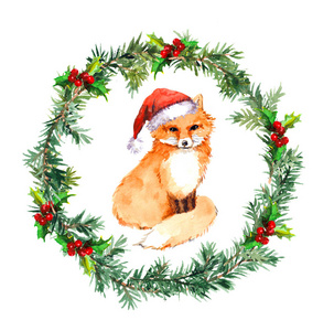 圣诞花环与狐狸动物在红色圣诞老人的帽子。水彩