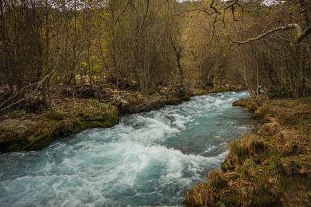 风景秀丽的山秋季景观河与 watergfalls，P