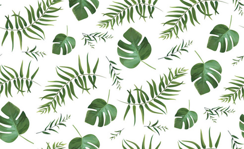 矢量无缝模式与热带水彩风格的森林棕榈树叶, 绿色植物异国情调的草药龟背竹绿叶。美丽的时尚优雅的春天夏天可爱的打印隔离白色背景