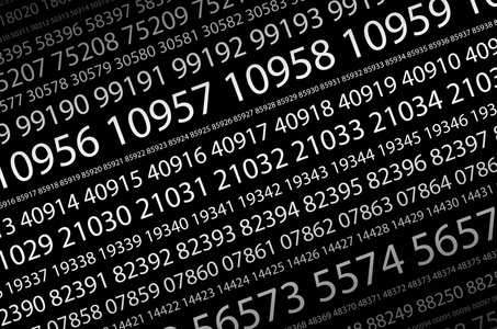 一组连续的五位数白色数字的抽象背景图像, 在黑色背景上呈对角线方向