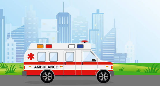 矢量插图救护车车在城市。背景为浅蓝色的城市景观。平式自动护理急救