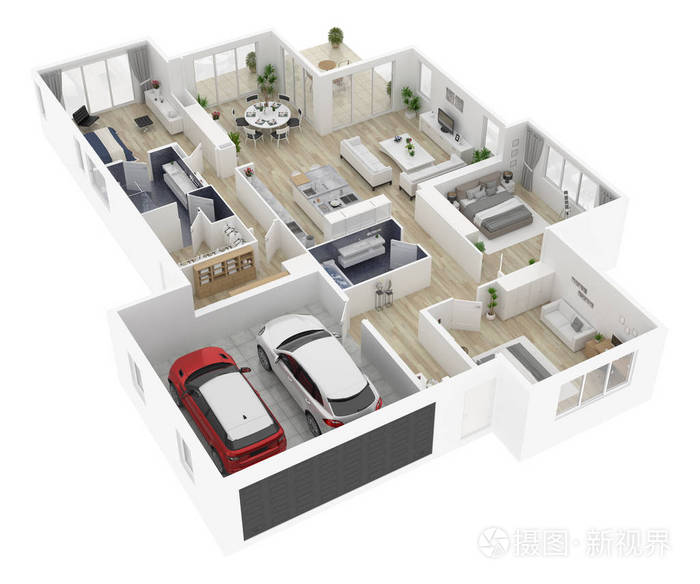 房子的平面图顶部视图3d 插图.开放式概念住宅布局