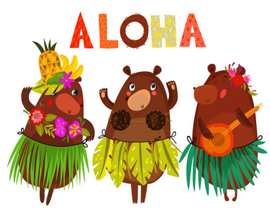 矢量插图与可爱的熊和花朵。阿罗哈.夏威夷
