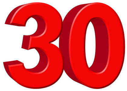 立体数字三数字 30,三十,白色背景,3d 渲染上孤立照片