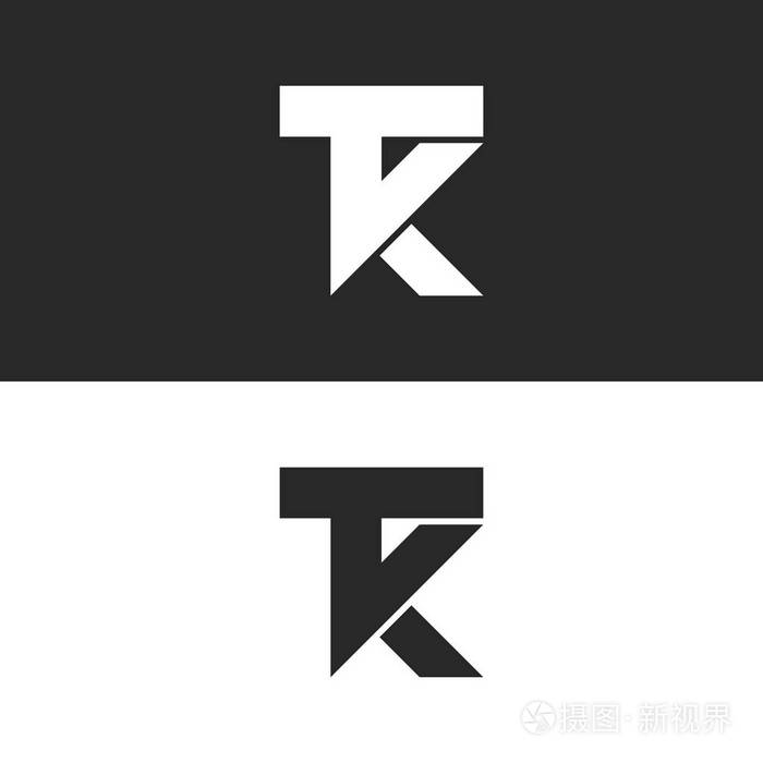 组合两个字母 t 和 k 缩写, 最小样式 kt 标识标志黑色和白色设计