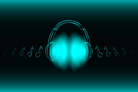 明亮的霓虹耳机被隔离在蓝色背景, 音乐概念.横幅.低聚图.