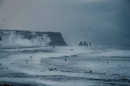 冰岛黑色沙滩 Reynisfjara 在 Vik 镇附近的戏剧性冬季景观。黑海滩的暴风雨的海岸边和积雪山顶在距离