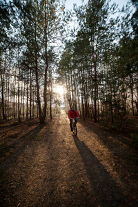 男人在晚上与阳光森林道路上骑自行车