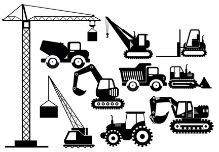 矢量插图集挖掘机和重型建筑机械图标。剪影例证设备和机器在白色背景