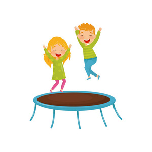 高矮姐妹漫画精力充沛的孩子跳蹦床.快乐的兄弟姐妹一起快乐.