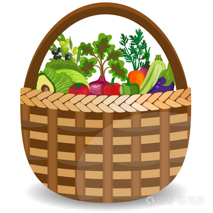 与蔬菜上白色孤立的篮子.矢量图