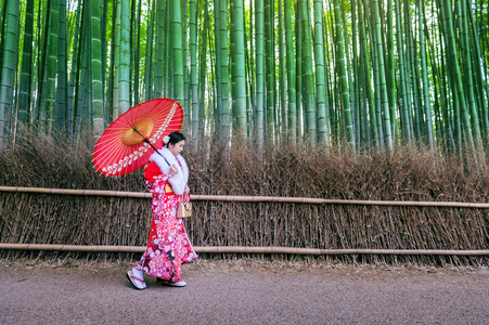 竹林。日本京都的竹林中身穿日本传统和服的亚洲女子