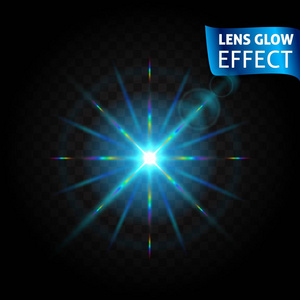 透镜发光效果。现实的明亮光线影响发光光反射，蓝色镜片颜色。使用设计，发光长假期。矢量图