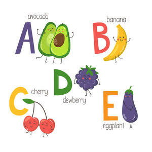 字母 A, B, C, D, E 与可爱的卡通鳄梨, 香蕉, 双胞胎, 樱桃和茄子。矢量字母表