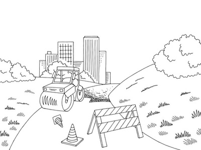 道路建设图黑色白色城市景观素描插画矢量照片