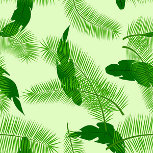 夏季新鲜的无缝图案与不同的棕榈叶在绿色色调, 创意矢量插图
