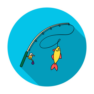 钓鱼杆和小鱼在白色背景上孤立的平面样式的图标。钓鱼象征股票矢量图