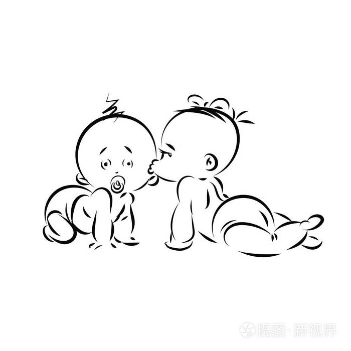 情人节那天艺术线条轮廓矢量的两个小婴儿