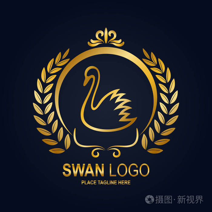 天鹅图标设计模板.金黄天鹅和月桂树花圈在圆的框架