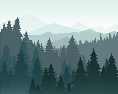 松树林和山地矢量背景的矢量图解。雾景中的针叶林冷杉剪影和山脉