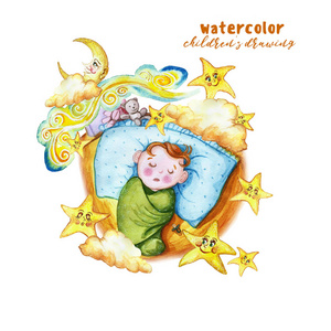 水彩画打印孩子的插图与一个孩子在尿布, 婴儿睡在枕头上, 周围的星星和云彩, 坐在旁边的软玩具兔子和熊, 毛绒玩具的装饰和设计儿
