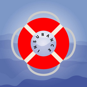 红色救生圈与一根绳子在深蓝色波浪背景.拯救关怀保险的象征.