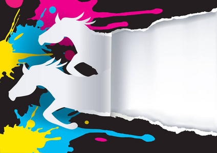 快速彩印概念。两匹纸马用印刷色溅纸。彩色印刷的呈现概念。文本或图像的位置。可用向量