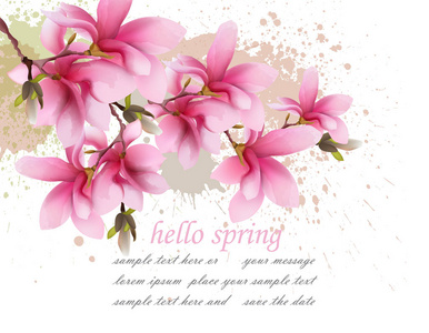 您好春天粉红色花卡矢量。水彩飞溅可爱的问候。精致的插图背景