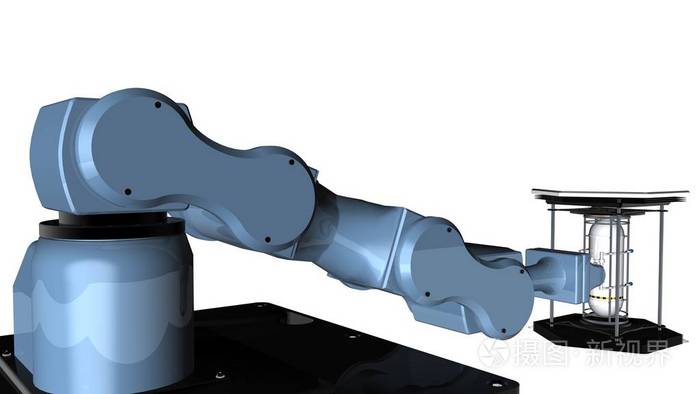 用夹钳工具的蓝色机器人机械臂模型在手臂的末端持有一个反光的白色