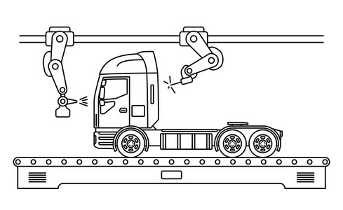 薄线式卡车装配线。自动运输生产输送机