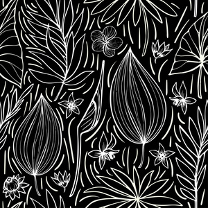 黑白矢量无缝的美丽艺术明亮的热带图案与叶, 夏季原始时尚花卉背景打印, 梦幻般的森林